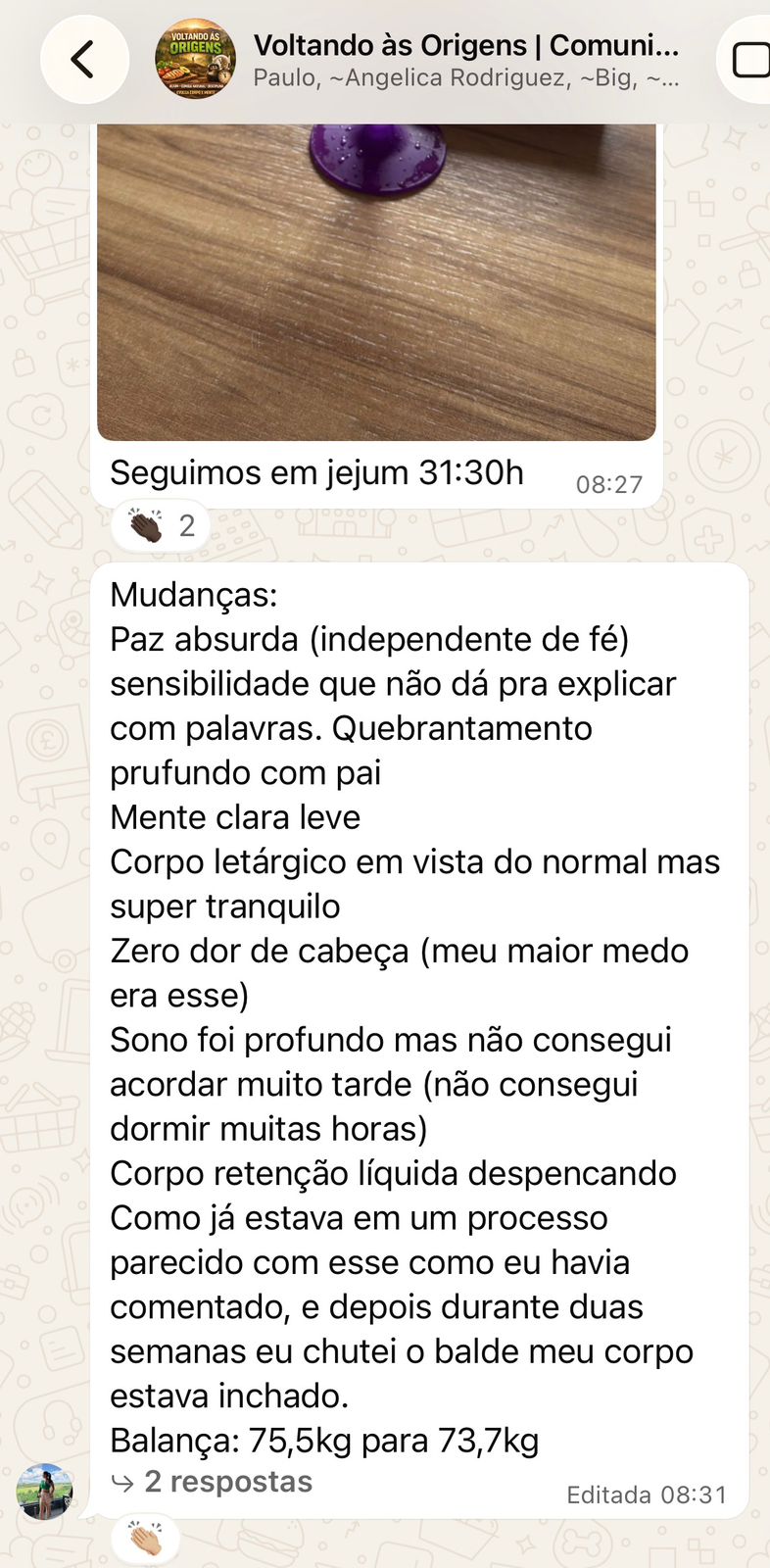 Print do WhatsApp de um aluno relatando 31h30 de jejum, mente clara e perda de peso de 75,5kg para 73,7kg