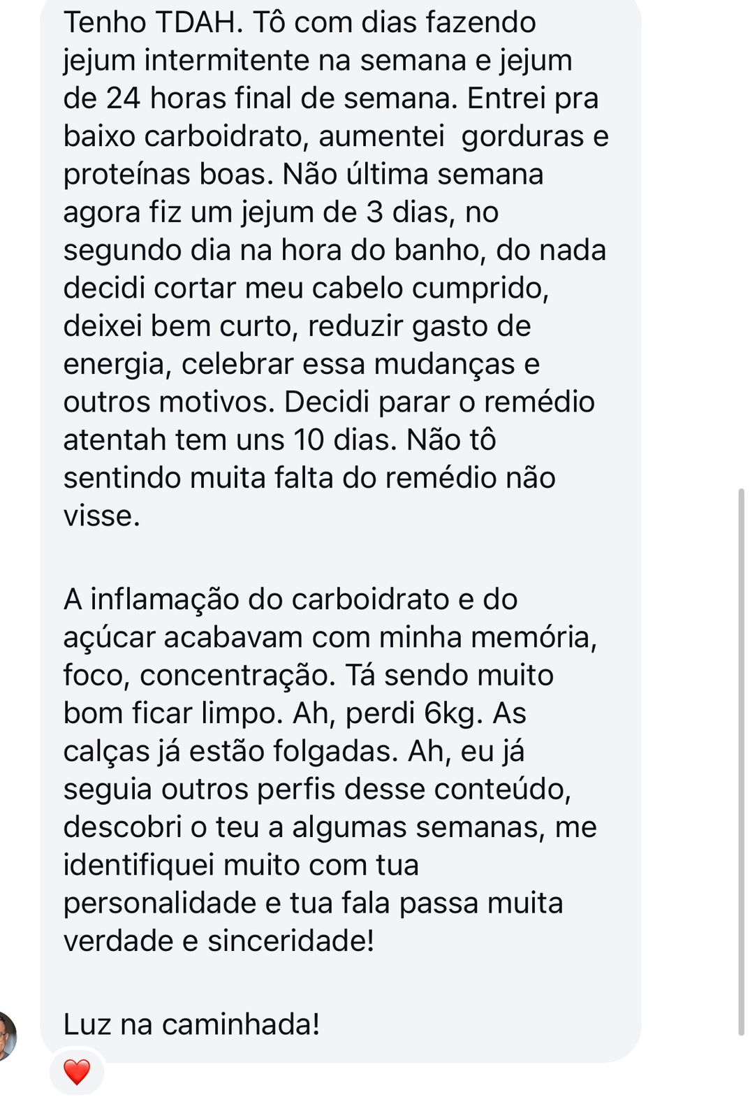 Print do WhatsApp de um aluno com TDAH relatando jejum intermitente, mais foco e 6kg a menos
