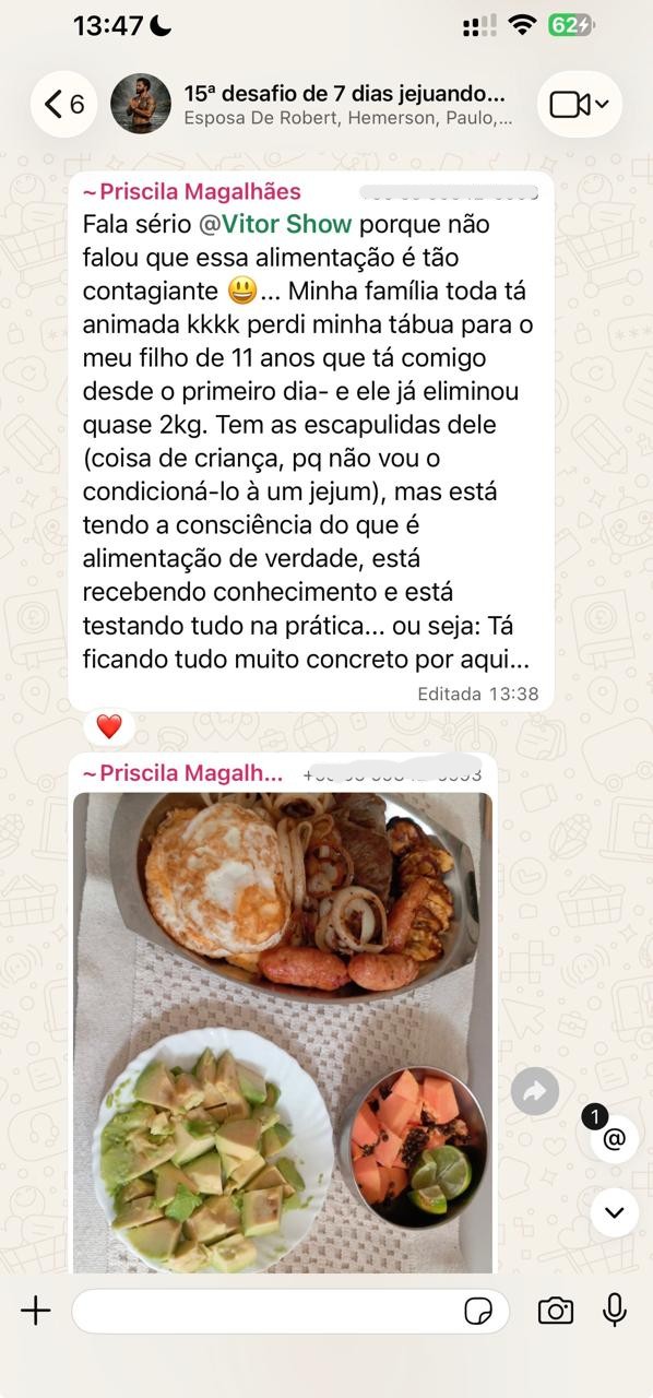 Print do WhatsApp da Priscila Magalhães contando a experiência da família no 15º desafio de 7 dias jejuando